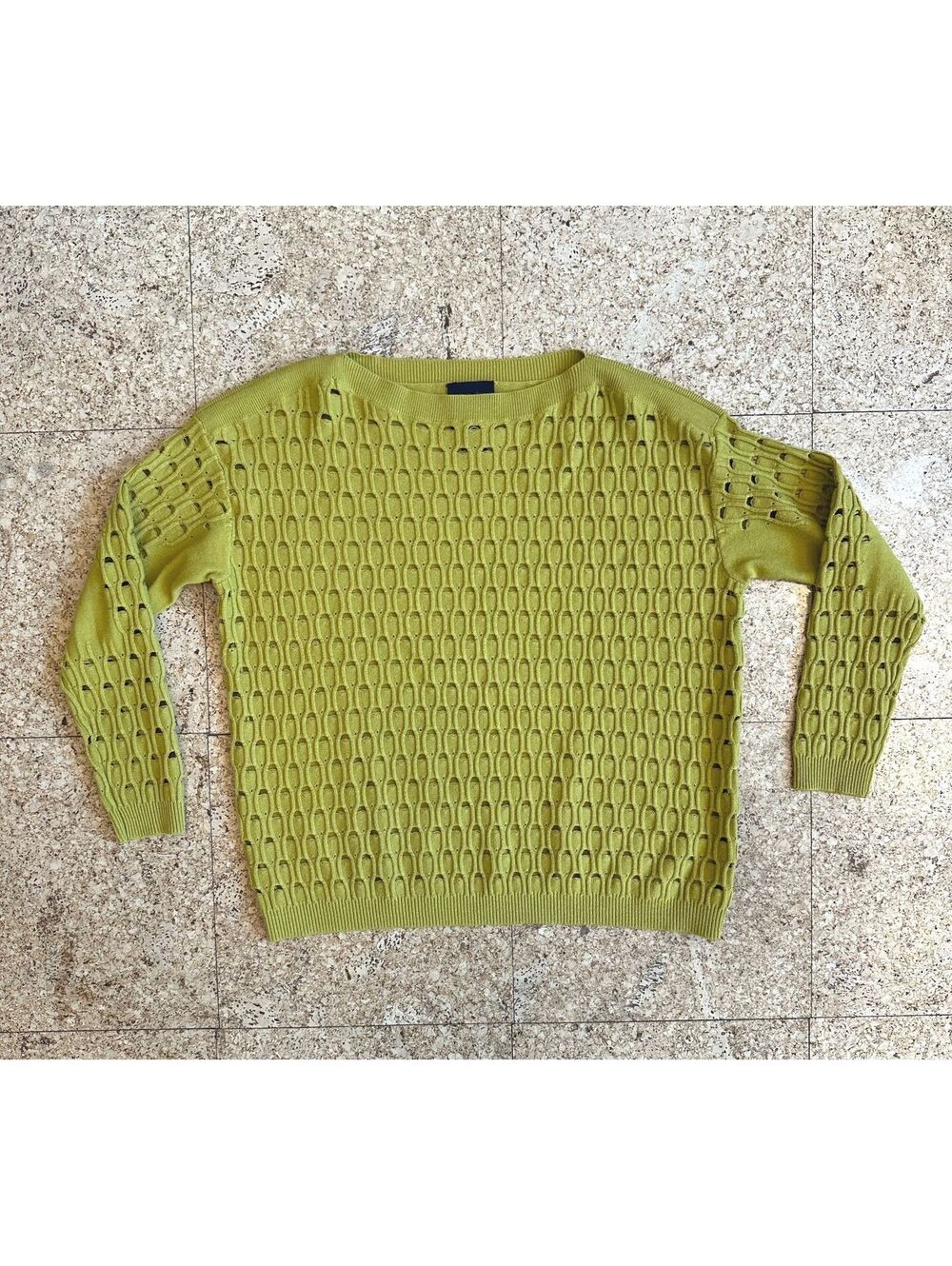 Andrea Jovine Green Open Knit Boat Neck Sweater Women's XS 3/4 Sleeve Chartreuse